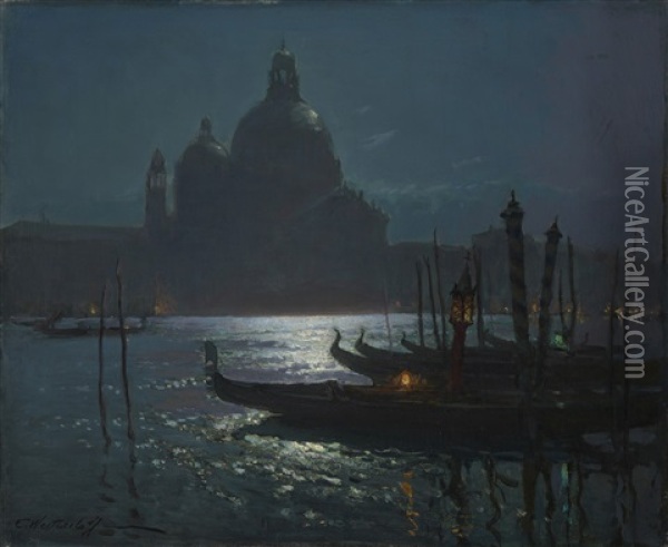 Santa Maria Della Salute At Night, Venice Oil Painting - Constantin Aleksandrovich Westchiloff