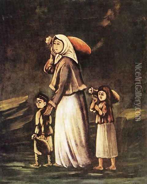 Peasant Woman with Children Goes for Water Oil Painting - Niko Pirosmanashvili