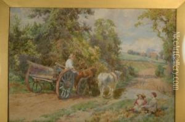 Rural Scene With Two Children By A Ford And Farmer With Cart And Two Horses Oil Painting - Charles Collins