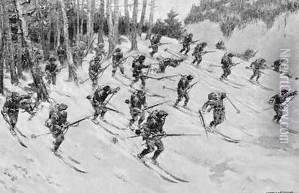 French Alpine troops attacking on skis during World War One Oil Painting - Lever Lemonier