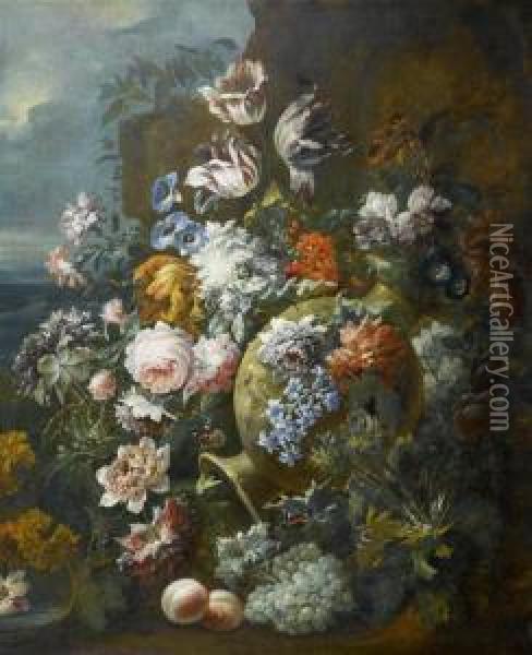 Still Life Of Flowers And Fruits With Terracotta Vase In A Rocky Landscape. Oil Painting - Karel Van Vogelaer, Carlo Dei Fiori
