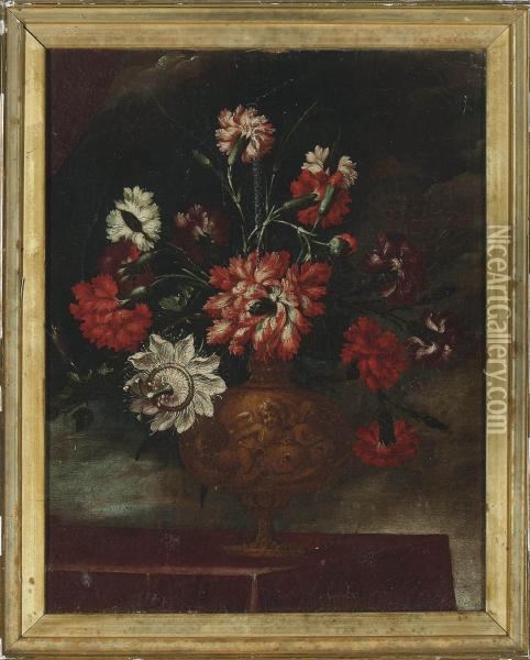 Carnations And Passion Flowers In An Urn On A Ledge Oil Painting - Elisabetta Marchioni Active Rovigo