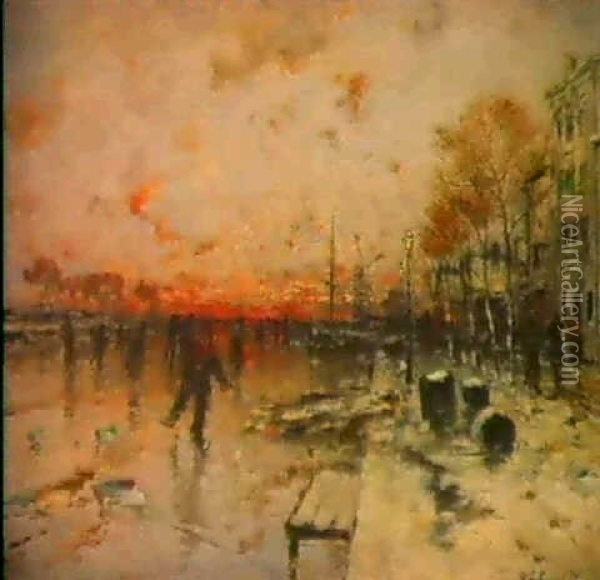 Hollandskt Stadsmotiv Med Skridskoakare Oil Painting - Wilhelm von Gegerfelt