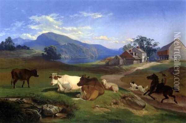 Pennsylvania Farm Scene With River And Mountains Oil Painting - Francis Daniel Devlan