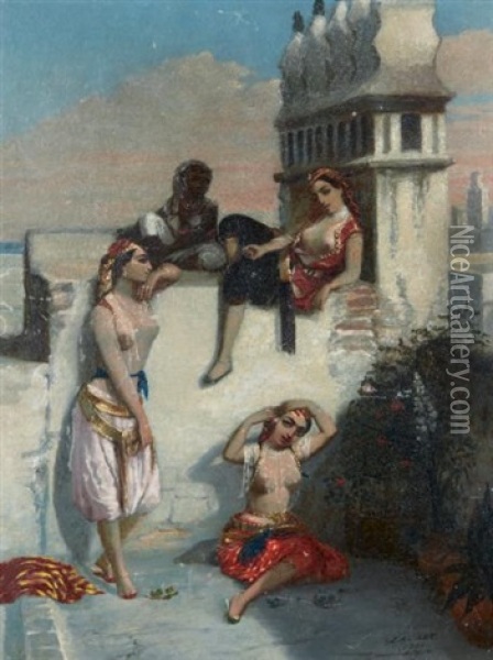 Femmes Sur Une Terrasse A Alger Oil Painting - Emmanuel Joseph Lauret