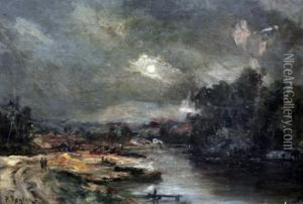 River Landscape Under Moonlight Oil Painting - Paul Vogler