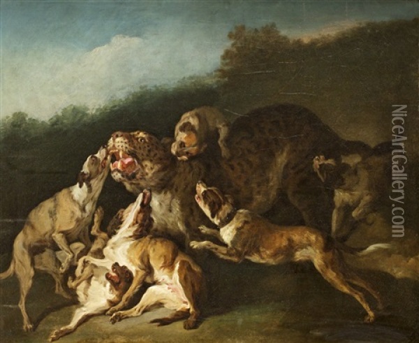 Hundar Anfallande En Leopard Oil Painting - Jean-Baptiste Oudry