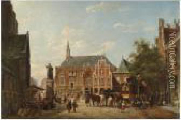 The Town Hall And Market Place, Haarlem Oil Painting - Pieter Cornelis Dommershuijzen
