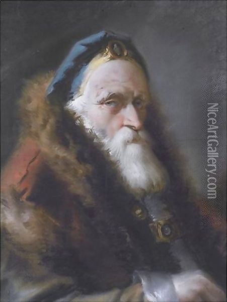 Portrait Of An Oriental, Head And Shoulders, Wearing A Bejewelled Blue Hat And A Red Fur-Trimmed Coat Oil Painting - Lorenzo Baldissera Tiepolo