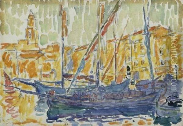 St. Tropez Harbour. Oil Painting - Paul Signac