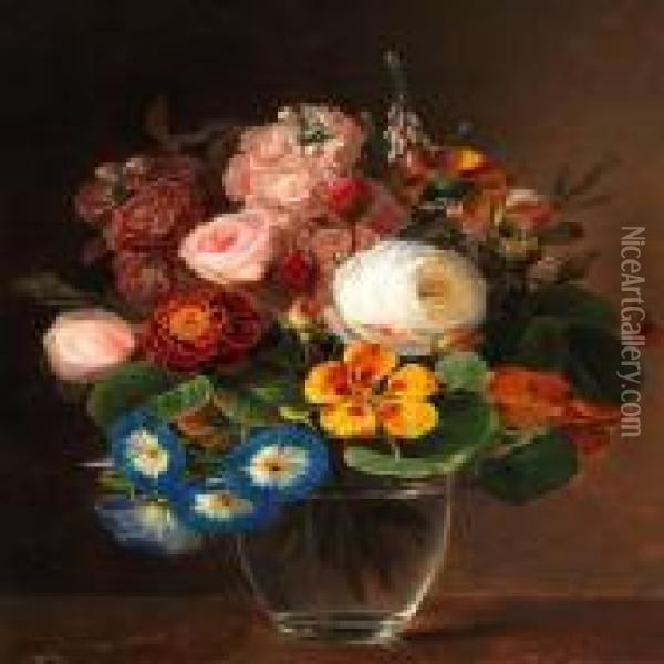 A Bunch Of Colourful Flowers In A Vase Oil Painting - Johan Laurentz Jensen