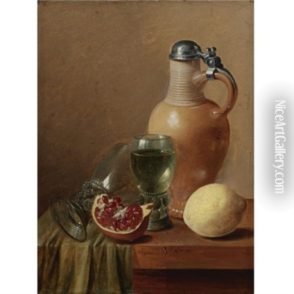 Still Life With A Jug And Pomegranate Oil Painting - Gillis Jacobz van Hulsdonck
