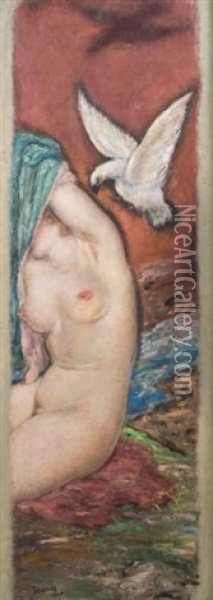 Femme Nue Et Colombe Oil Painting - Yasushi Tanaka