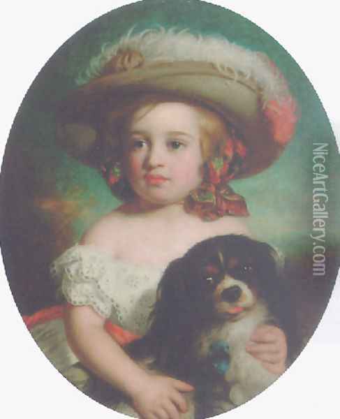Portrait of a young girl, in a white dress and a plumed hat, with a spaniel 1870 Oil Painting - Charles Baxter