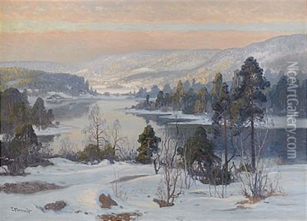 Solbelyst Vinterlandskap Oil Painting - Carl Brandt