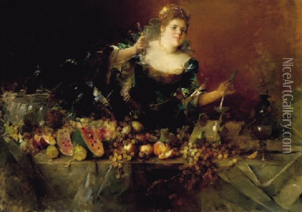 Reiche Obsttafel Mit Junger Frau Oil Painting - Karl Von Merode