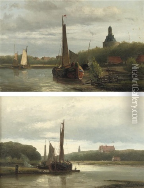 Boats Near Enkhuizen With The Dromedaris In The Background (+ A River Landscape At Sunset; Pair) Oil Painting - Hendrik Hulk