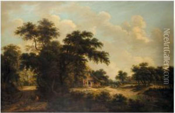 A Wooded Landscape With A Farmhouse Oil Painting - Meindert Hobbema