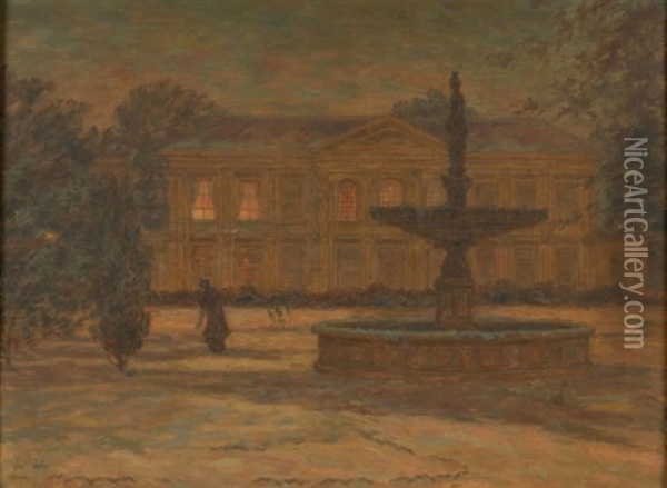 Fontaine Devant Une Villa Eclairee Oil Painting - Henri-Aime Duhem