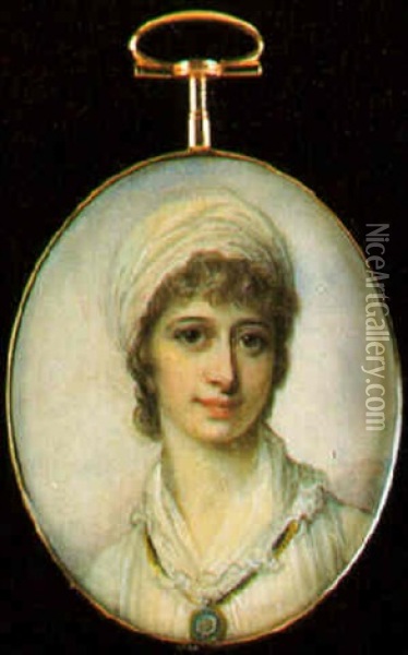 A Lady Wearing White Dress And Turban, A Porotrait Miniature Around Her Neck Oil Painting - Richard Cosway