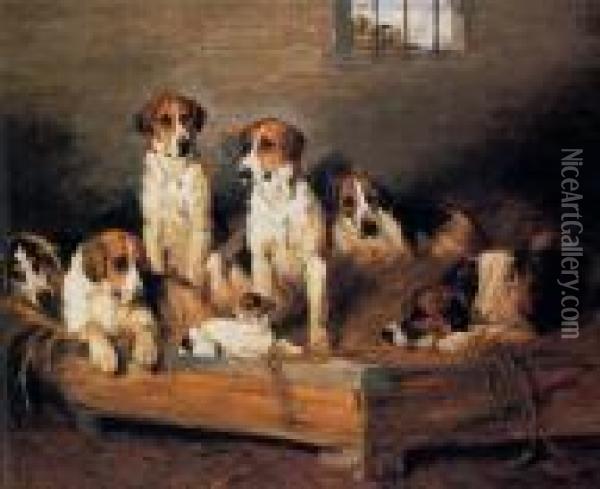 Foxhounds And A Terrier In A Kennel Oil Painting - John Emms