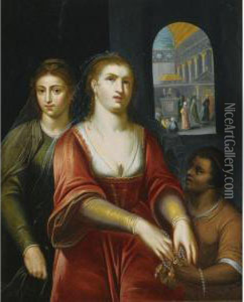 Mary Magdalene Handing Her Jewellery To A Servant, Christ Preachingin The Background Oil Painting - Otto van Veen