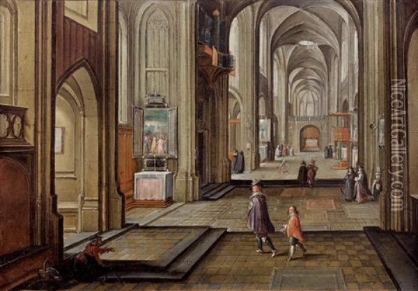 L'interieur De La Cathedrale D'anvers Anime De Personnages Oil Painting - Hendrick van Steenwyck the Younger
