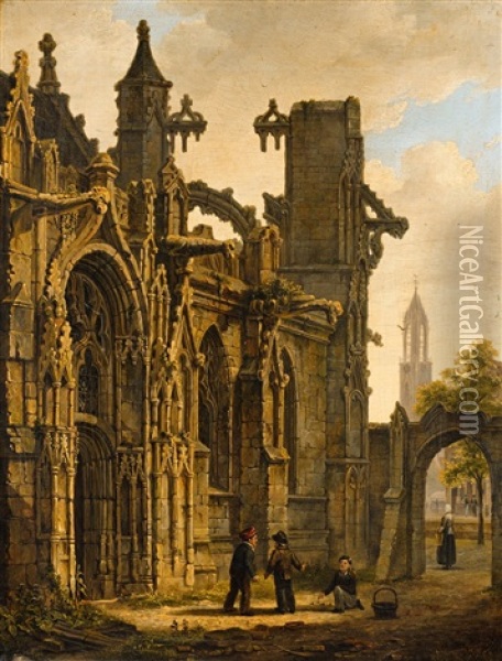 Playing Children In Front Of A Gothic Church Oil Painting - Bartholomeus Johannes Van Hove