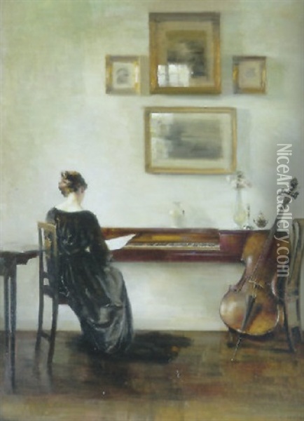 Interior Med Dame Ved Spinet Samt Cello Oil Painting - Carl Vilhelm Holsoe