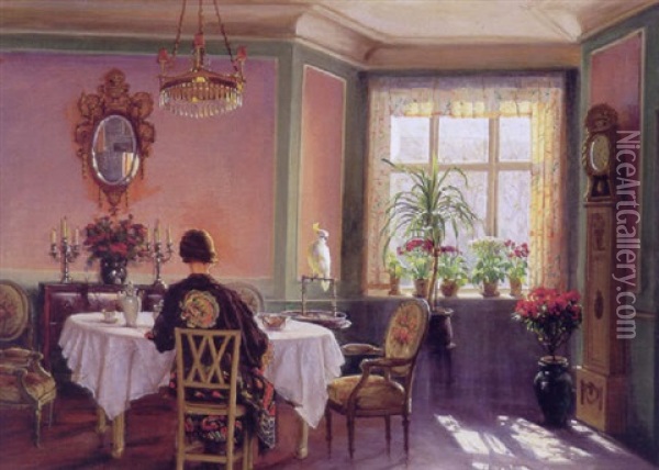 Interior Fra Den Rosa Stue Med Ung Pige Og Kakadue Oil Painting - Sigvard Marius Hansen