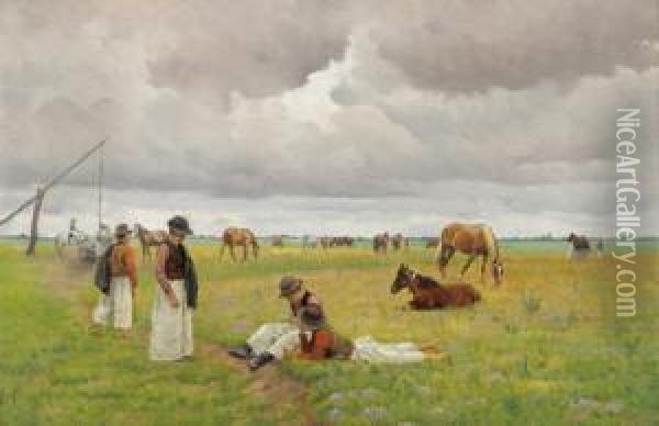 Junge Pferdehirten In Der Pusta Oil Painting - Hermann Reisz