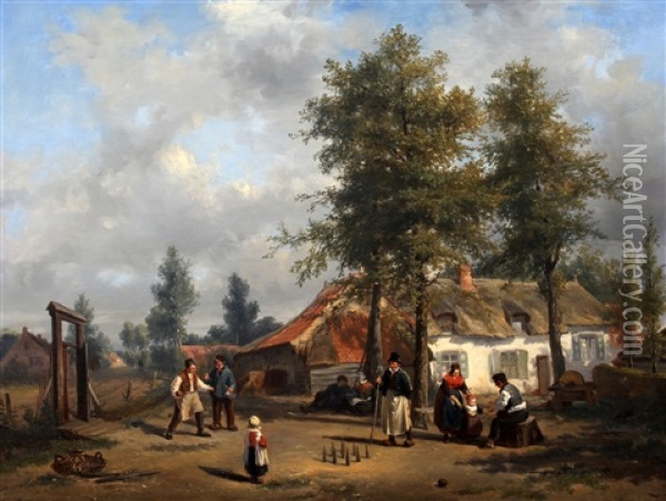 Kegelend Gezelschap Bij Boerderij Oil Painting - Florent Nicolas Crabeels