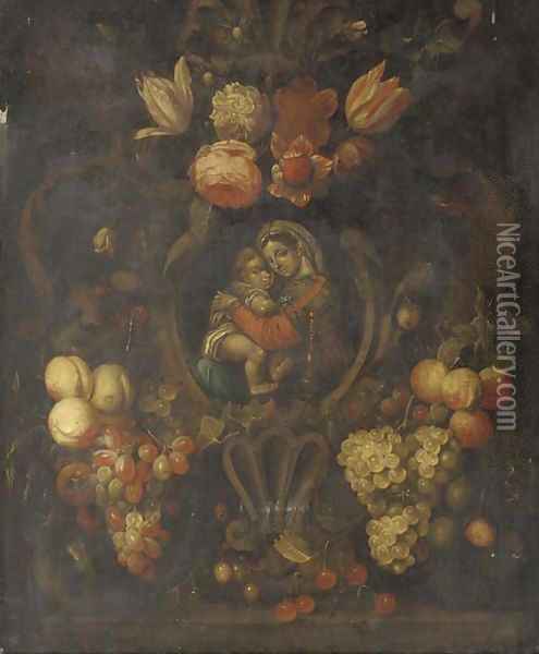 The Madonna and Child in a cartouche decorated Oil Painting - Joris Van Son