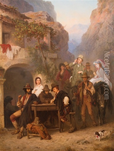 Englische Touristen Gelangen Zum Albergo Inglese Oil Painting - Konstantin Johannes Franz Cretius