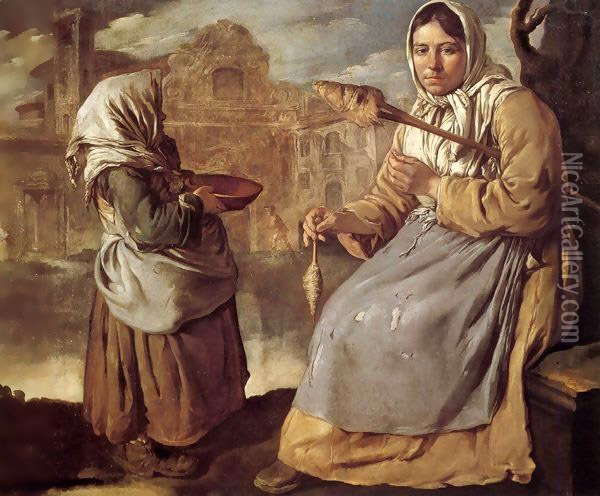 Little Beggar Girl and Woman Spinning Oil Painting - Giacomo Ceruti (Il Pitocchetto)