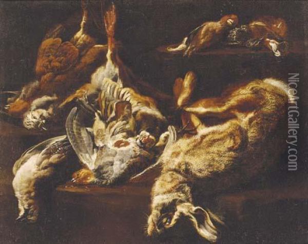 A Hunting Still Life With A Hare, Partridges, A Jay, And Other Birds On A Ledge Oil Painting - Jan Fyt