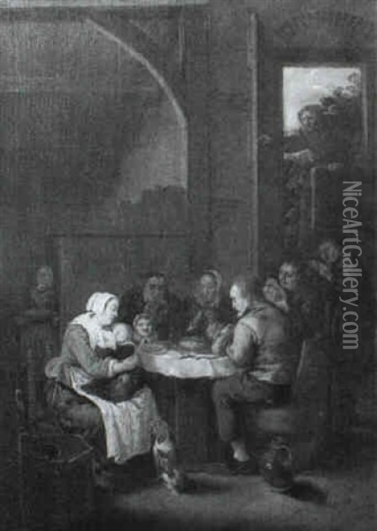 A Peasant Family Saying Grace Around A Table Laden With     Food, Whilst A Mother Suckles Her Child Oil Painting - Bartholomeus Molenaer