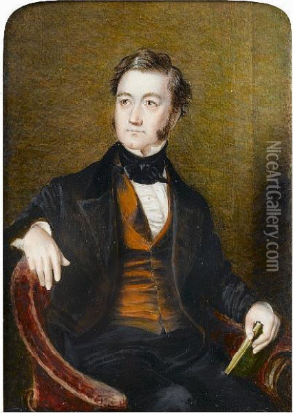 A Gentleman, Seated In A Red Upholstered Chair, Wearing Black Suit, Rust-coloured Waistcoat, White Chemise And Tied Black Stock, He Holds A Book. Oil Painting - Alicia H. Laird