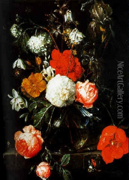 Bouquet De Fleurs Au Vase Translucide Oil Painting - Cornelis De Heem