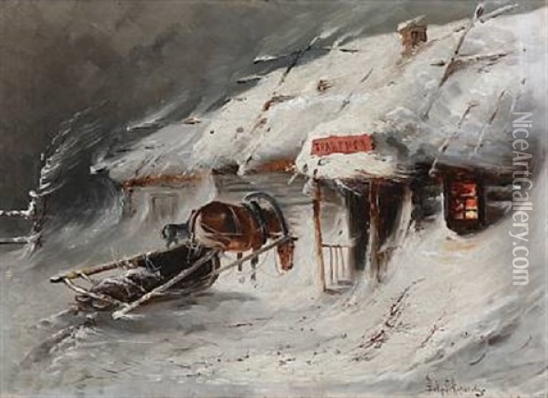 Outside The Inn On A Winter Evening Oil Painting - Viktor Petrovich Kuchmenko