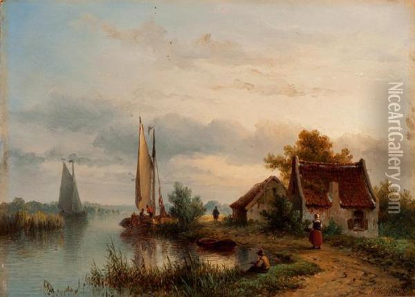 Activity Along The River Oil Painting - Johannes Hilverdink