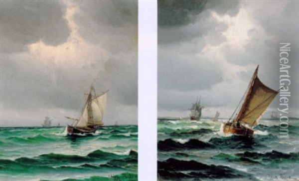 Marine Med Sejlskibe Pa Havet Oil Painting - Vilhelm Victor Bille