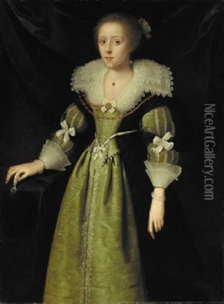 Portrait Of A Lady, Standing In An Embroidered Green Dress With A White Lace Collar And Cuffs Oil Painting - Daniel Mytens the Elder