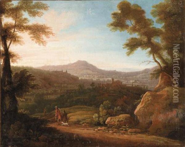 Italianate Landscapes With Hunters At Sunrise And Sunset Oil Painting - Jacques D Arthois