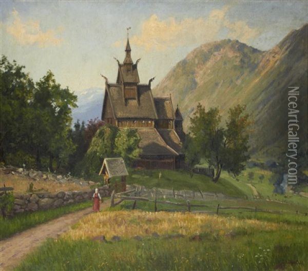 Stave Church Oil Painting - Hans Andreas Dahl