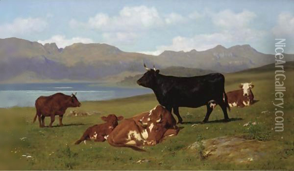 Cattle Grazing On A Hillside With A Lake In The Near Distance Oil Painting - Auguste Bonheur