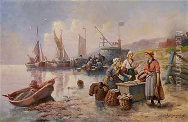 A Harbour Scene With Fishermen's Wives Oil Painting - Adolf (Constantin) Baumgartner-Stoiloff