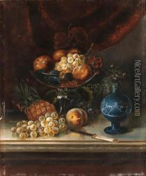 Still Life With Fruit, Vase And Knife Oil Painting - J. Lewis