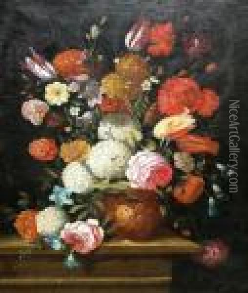 Still Life Of Flowers In A Vase On A Ledge Oil Painting - Jean-Baptiste Monnoyer