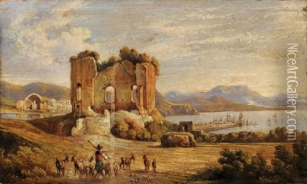 Paysage Pres De Naples Au Berger Et Ruines Oil Painting - Consalvo Carelli
